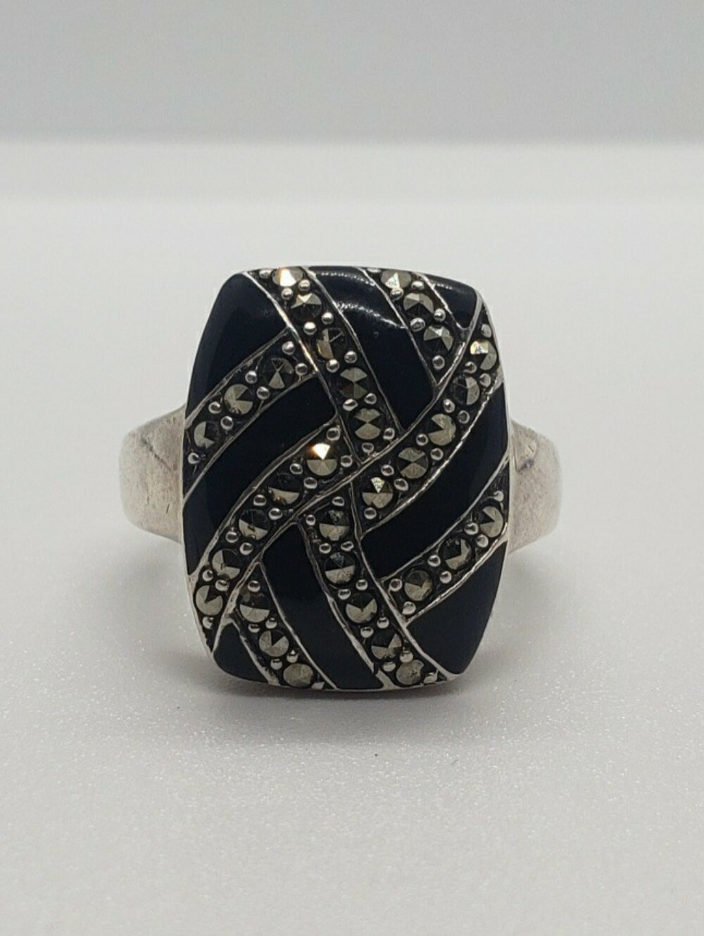 Black Onyx & Marcasite Ring In Sterling Silver